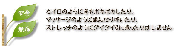 カイロのようにボキボキしたり、マッサージのように揉んだり叩いたり、ストレッチのようにグイグイ引っ張ったりはしません